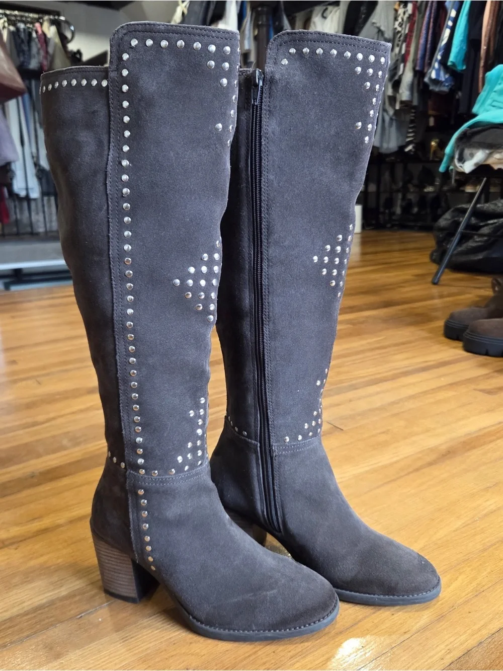 Lucky Brand Bonnay Gray Suede Leather Studded Knee-High Boots Size 37
